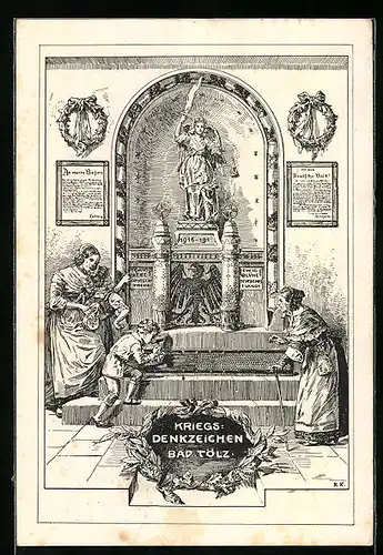 Künstler-AK Bad Tölz, Frauen und Kinder am Kriegsdenkzeichen, Nagelung