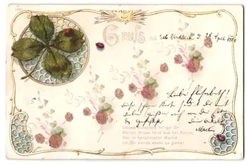 Glitzer-Perl-AK Marienkäfer auf Kleeblatt mit Glitzer-Perlen