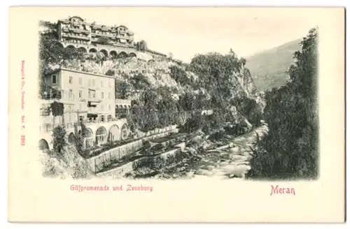 Relief-AK Meran, Gilfpromenade und Zenoburg