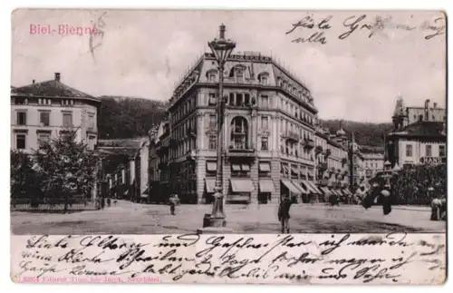 Relief-AK Biel, Zentraler Platz mit Blick in zwei Strassen