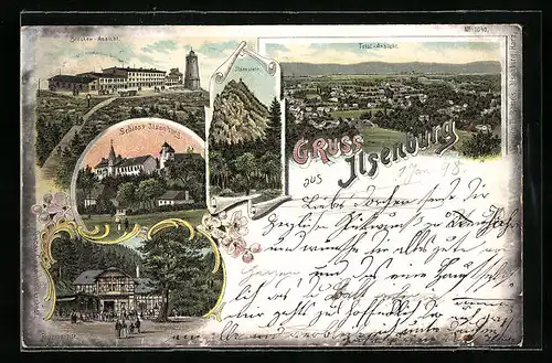 Lithographie Ilsenburg, Gasthaus Prinzess Ilse, Brocken-Ansicht, Schloss Ilsenburg