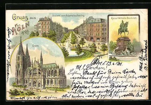 Lithographie Köln a. Rh., Ansicht vom Hohenstaufenring mit Fontäne, Dom, Kaiser Wilhelm Denkmal