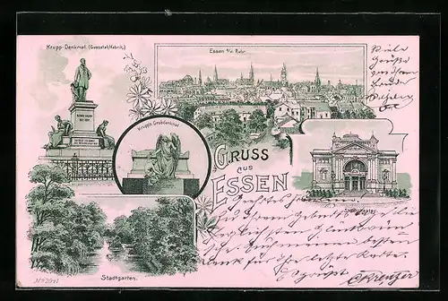 Lithographie Essen a. d. Ruhr, Krupp-Denkmal Gussstahlfabrik, Krupp`s Grabdenkmal, Stadttheater