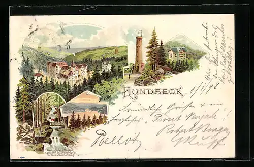 Lithographie Hundseck, Ortspartie, Turm, Brücke