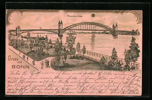 Lithographie Bonn, Rheinbrücke bei Mondschein