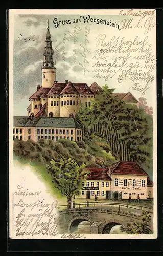 Lithographie Weesenstein, Ortspartie mit Gasthaus von Oscar Senf u. Schloss