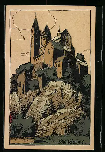 Steindruck-AK Dietkirchen, Blick zum Schloss