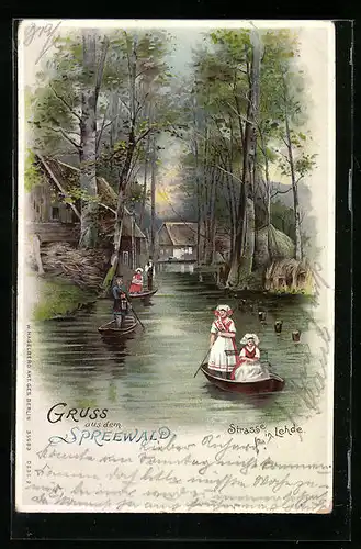 Lithographie Lehde /Spreewald, Strasse mit Booten