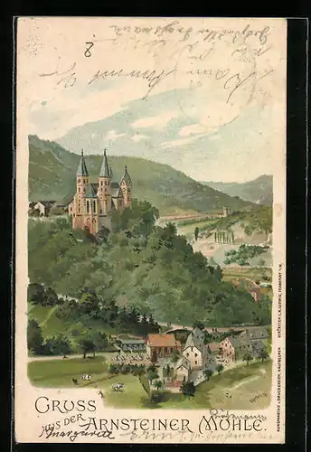 Lithographie Arnstein, Gasthaus Arnsteiner Mühle mit Kloster