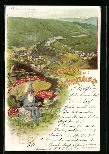 Lithographie Schwarzburg, Blick vom Trippstein auf den Ort, Zwerg unterm Fliegenpilz