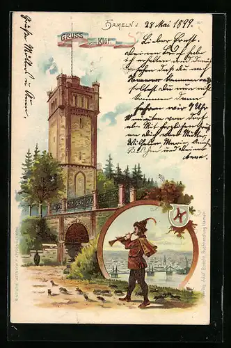 Lithographie Hameln, Klüt und Mann mit Flöte, Brücke