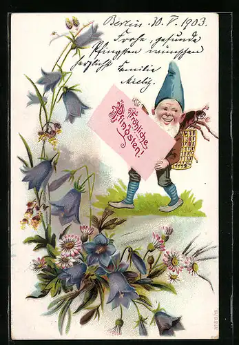 Lithographie Zwerg mit Pfingstgrüssen und Maikäfer