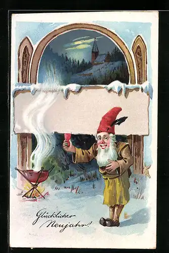 Künstler-AK Zwerg mit Bowle, Glückliches Neujahr