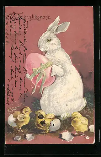 Präge-AK Osterhase mit Osterküken