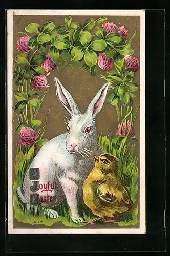 Präge-AK Osterhase mit Osterküken und Kleeblättern