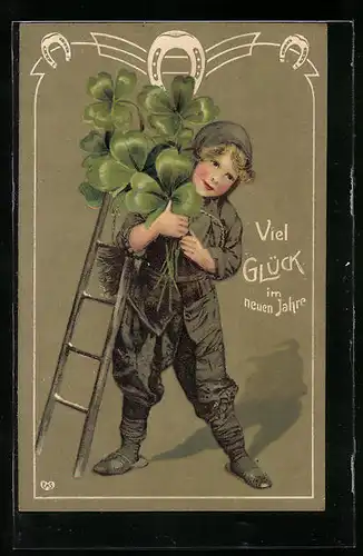 Präge-AK Viel Glück im neuen Jahre, Kleiner Schornsteinfeger mit Klee