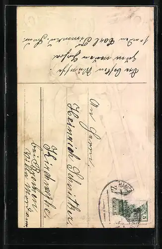 Präge-AK Viel Glück im neuen Jahre, Kleiner Schornsteinfeger mit Klee