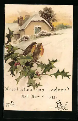 Lithographie Zwei Rotkehlchen auf Ilex-Zweig vor Haus im Schnee