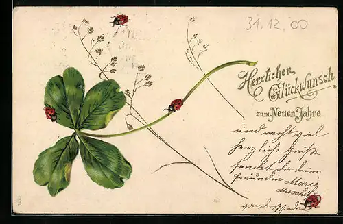 Lithographie Marienkäfer auf einem vierblättrigen Kleeblatt, Neujahrsgruss