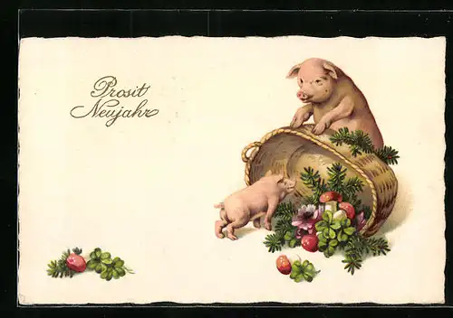 Künstler-AK Schwein und Ferkel mit einem Korb und Glücksbringern, Neujahrsgruss
