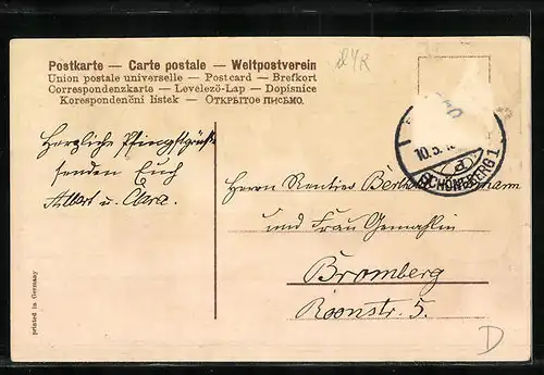 Präge-AK Maikäfer auf einer Kastanie vor Spaziergängerin, Pfingstgruss