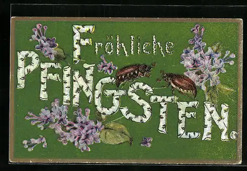 Präge-AK Zwei Maikäfer und Fliederblüten, Pfingstgruss