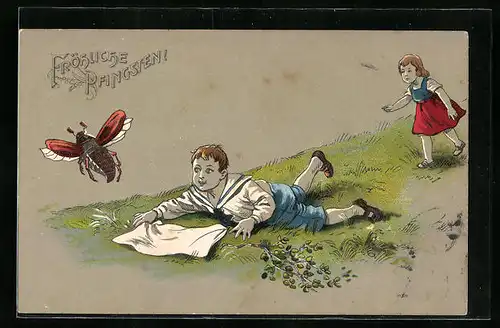 Künstler-AK Zwei Kinder und ein Maikäfer im Flug, Pfingstgruss
