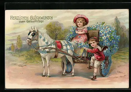 Künstler-AK Kinder mit blumengeschmücktem Ponywagen, Geburtstagsgruss