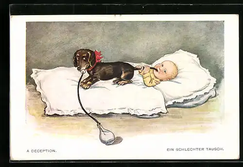 Künstler-AK Ein schlechter Tausch, Dackel trinkt aus Flasche, Baby nuckelt an Dackelschwanz