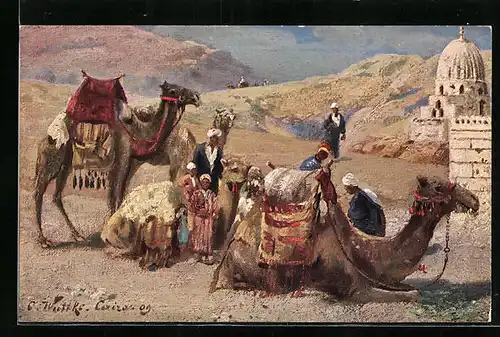 Künstler-AK Kamel-Karawane mit Begleitern bei der Rast vor Kalifengräbern