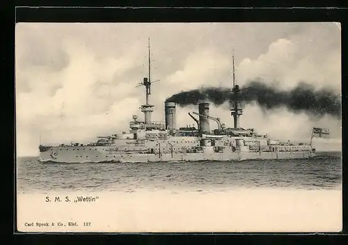 AK Kriegsschiff SMS Wettin in voller Fahrt