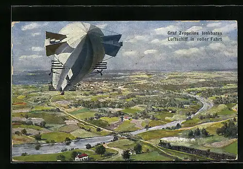 Künstler-AK Graf Zeppelins lenkbares Luftschiff in voller Fahrt
