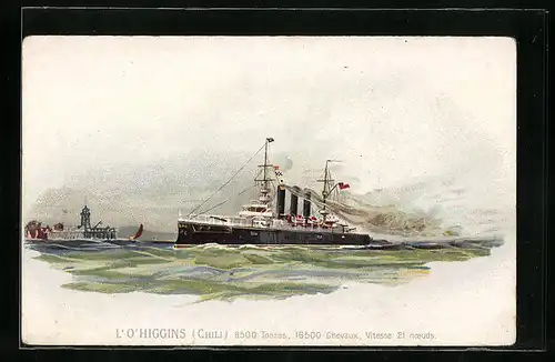 Lithographie Passagierschiff L`O`Higgins in Flaggengala bei der Hafeneinfahrt