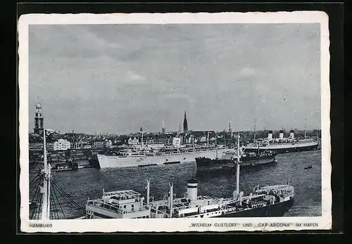 AK KdF.-Schiff Wilhelm Gustloff und Dampfer Cap Arcona im Hamburger Hafen, 