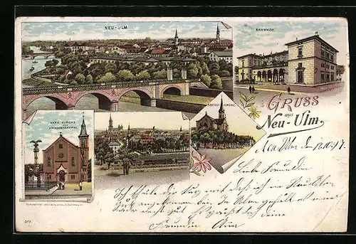 Lithographie Neu-Ulm, Ortsansicht mit Brücke, Bahnhof, Kath. Kirche mit Kriegerdenkmal