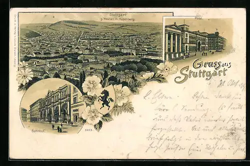 Lithographie Stuttgart, Ortsansicht mit Hasenberg, Bahnhof