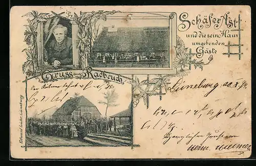 Passepartout-AK Radbruch, Gasthaus Schäfer Ast mit Gästen und Portrait des Besitzers