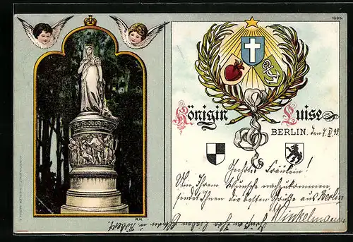 Lithographie Berlin, Gedenkkarte für Königin Luise - Denkmal, Engel und Wappen