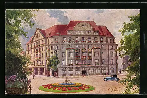 Künstler-AK Dresden, Palasthotel Weber mit Strasse und Blumenbeet