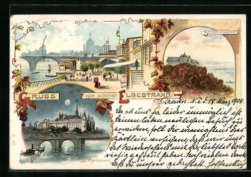 Lithographie Dresden, Elbestrand mit Brücke und Blick auf die Stadt, Mondschein-Partie in Meissen, Scharfenberg