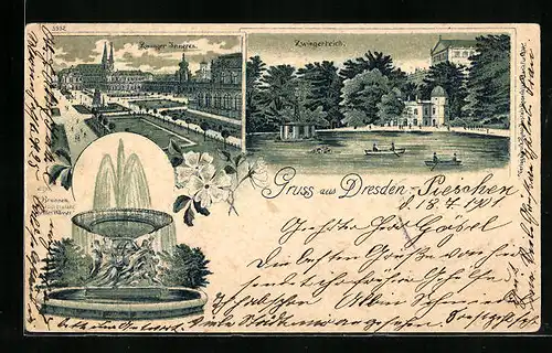 Lithographie Dresden, Zwingerteich, Zwinger mit Garten, Brunnen