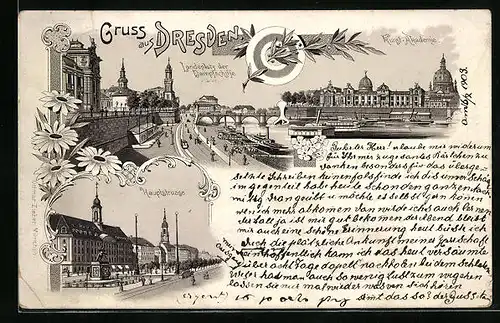 Lithographie Dresden, Kunst-Akademie, Landeplatz der Dampfschiffe und Hauptstrasse