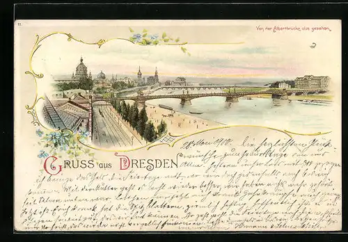 Lithographie Dresden, Ortsansicht von der Albertbrücke aus