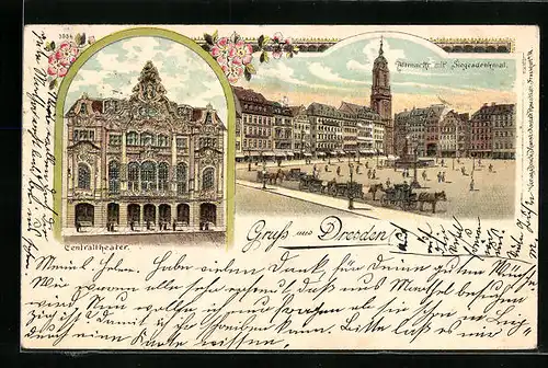 Lithographie Dresden, Altmarkt mit Siegesdenkmal und Centraltheater