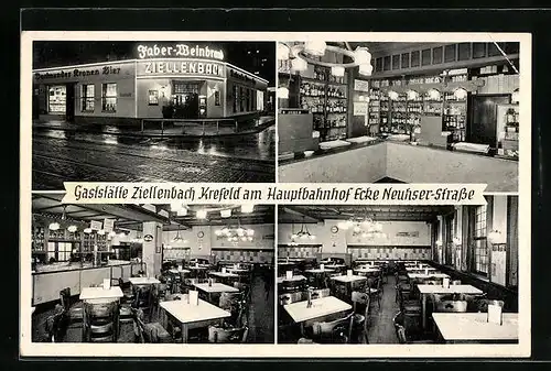 AK Krefeld, Gaststätte Ziellenbach am Hauptbahnhof, Ecke Neuhser-Strasse - Aussenansicht bei Nacht, Innenansichten