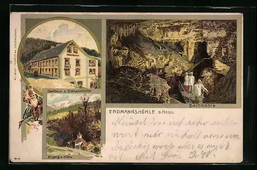 Lithographie Hasel, Erdmannshöhle, Eingang zur Höhle und Gasthaus, Zwerg
