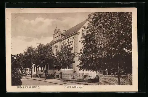 AK Bad Lippspringe, Ortspartie mit Hotel Schlepper