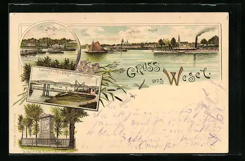 Lithographie Wesel, Eisenbahnbrücke und Schiffbrücke über dem Rhein