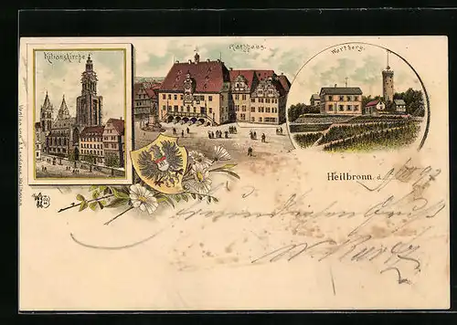 Lithographie Heilbronn, Wartberg, Rathaus und Kilianskirche