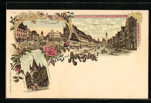 Lithographie Augsburg, Jakoberstrasse mit Jakoberthor und Fünfgradthurm